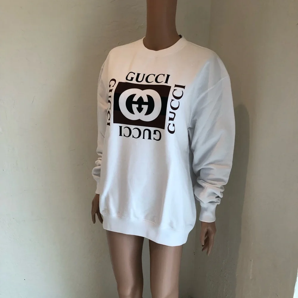 Gucci Logo GG Men’s Size S Felted Cotton Jersey White/Brown Sweatshirt Pullover